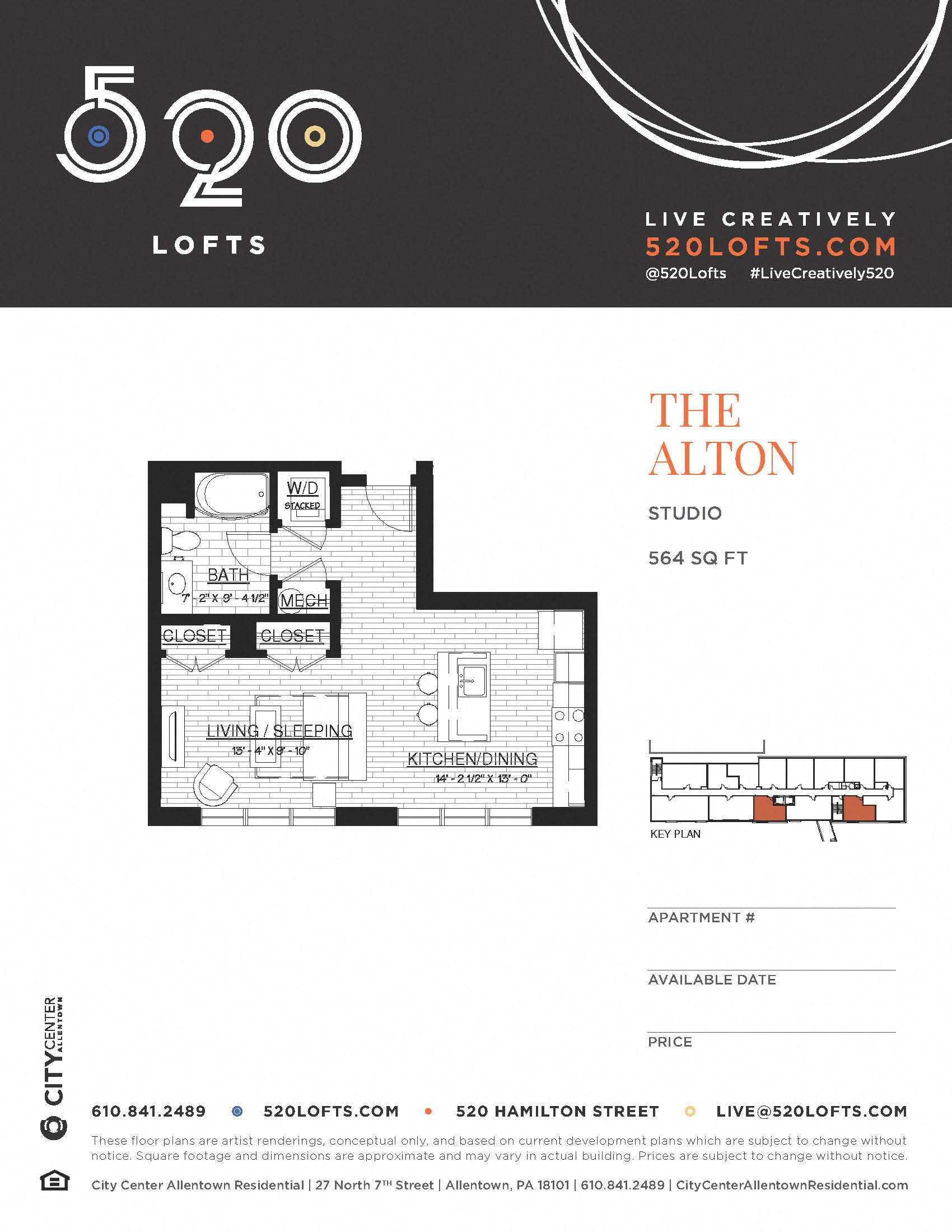 Floor plan for studio, 1 bath, 564 sqft